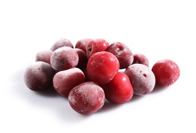 Photo of Pile of ripe frozen cherries isolated on white