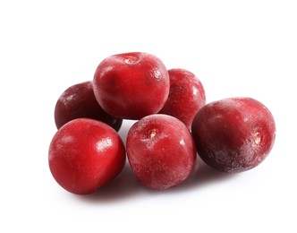 Photo of Pile of ripe frozen cherries isolated on white