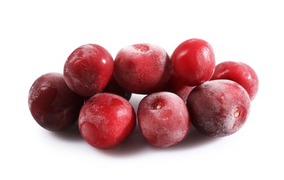 Photo of Pile of ripe frozen cherries isolated on white