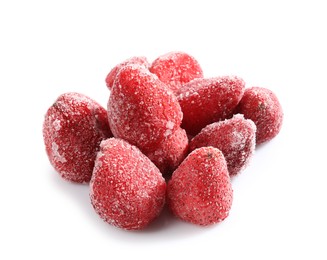 Photo of Pile of ripe frozen strawberries isolated on white