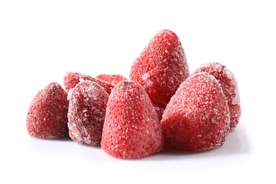 Photo of Pile of ripe frozen strawberries isolated on white