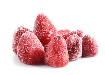 Photo of Pile of ripe frozen strawberries isolated on white