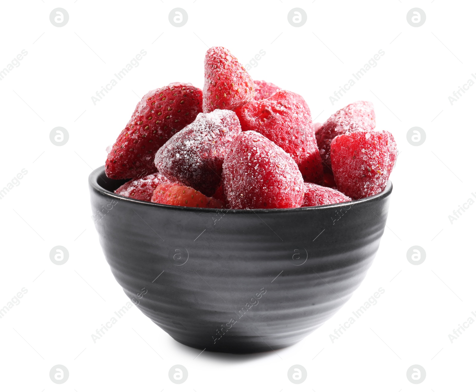 Photo of Ripe frozen strawberries in bowl isolated on white