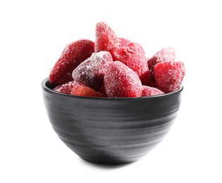 Photo of Ripe frozen strawberries in bowl isolated on white