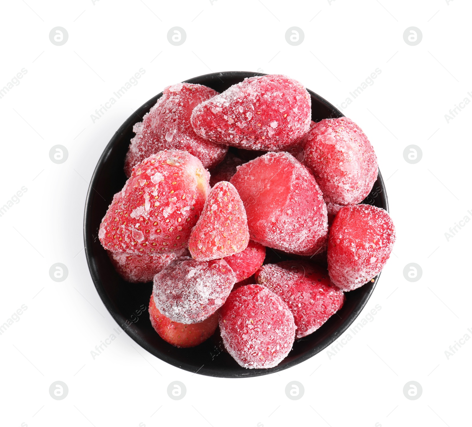 Photo of Ripe frozen strawberries in bowl isolated on white, top view