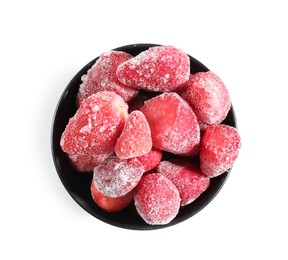 Photo of Ripe frozen strawberries in bowl isolated on white, top view