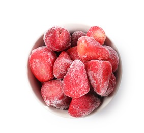 Photo of Ripe frozen strawberries in bowl isolated on white, top view