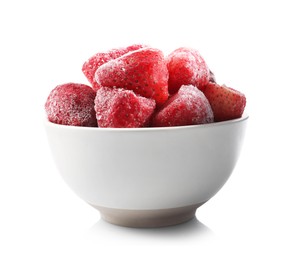 Photo of Ripe frozen strawberries in bowl isolated on white