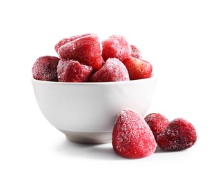 Photo of Ripe frozen strawberries and bowl isolated on white
