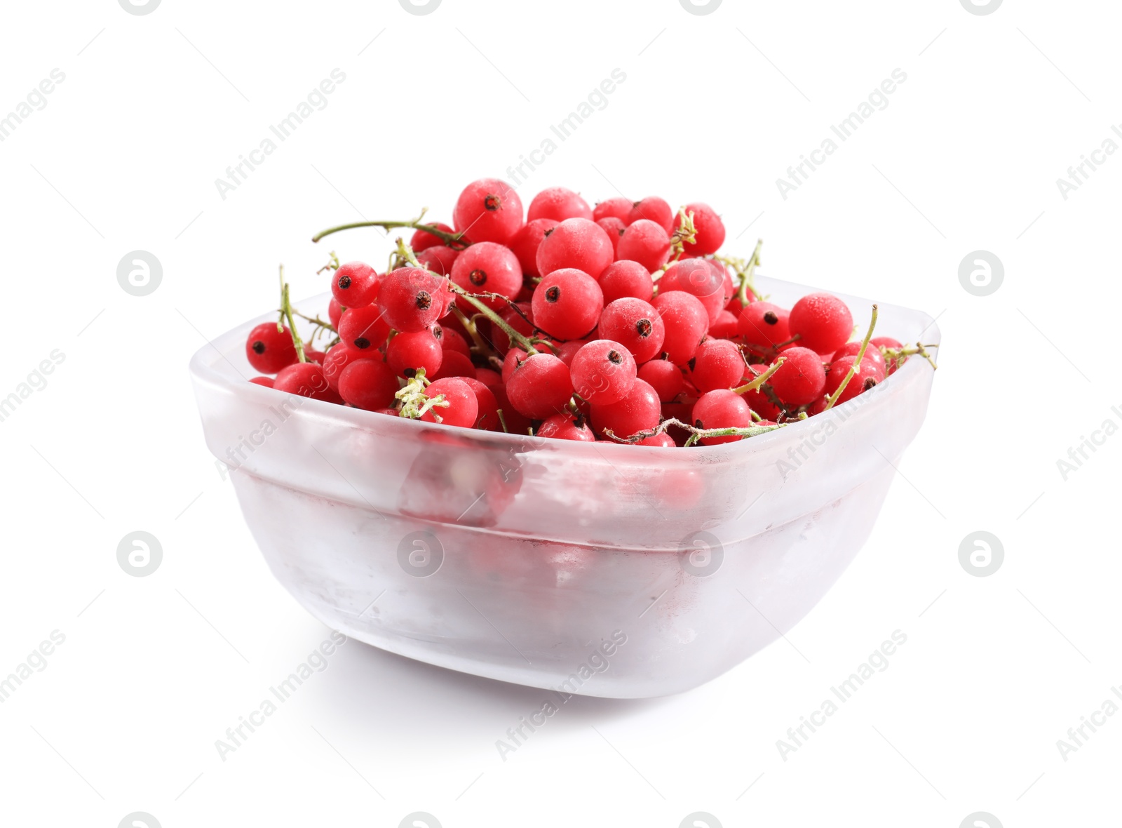 Photo of Ripe frozen red currants in bowl isolated on white