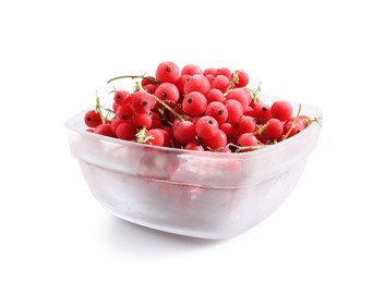 Photo of Ripe frozen red currants in bowl isolated on white