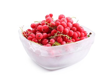Photo of Ripe frozen red currants in bowl isolated on white