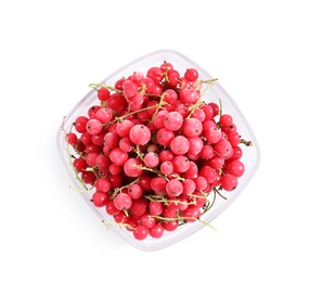 Photo of Ripe frozen red currants in bowl isolated on white, top view