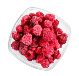 Photo of Ripe frozen raspberries in bowl isolated on white, top view