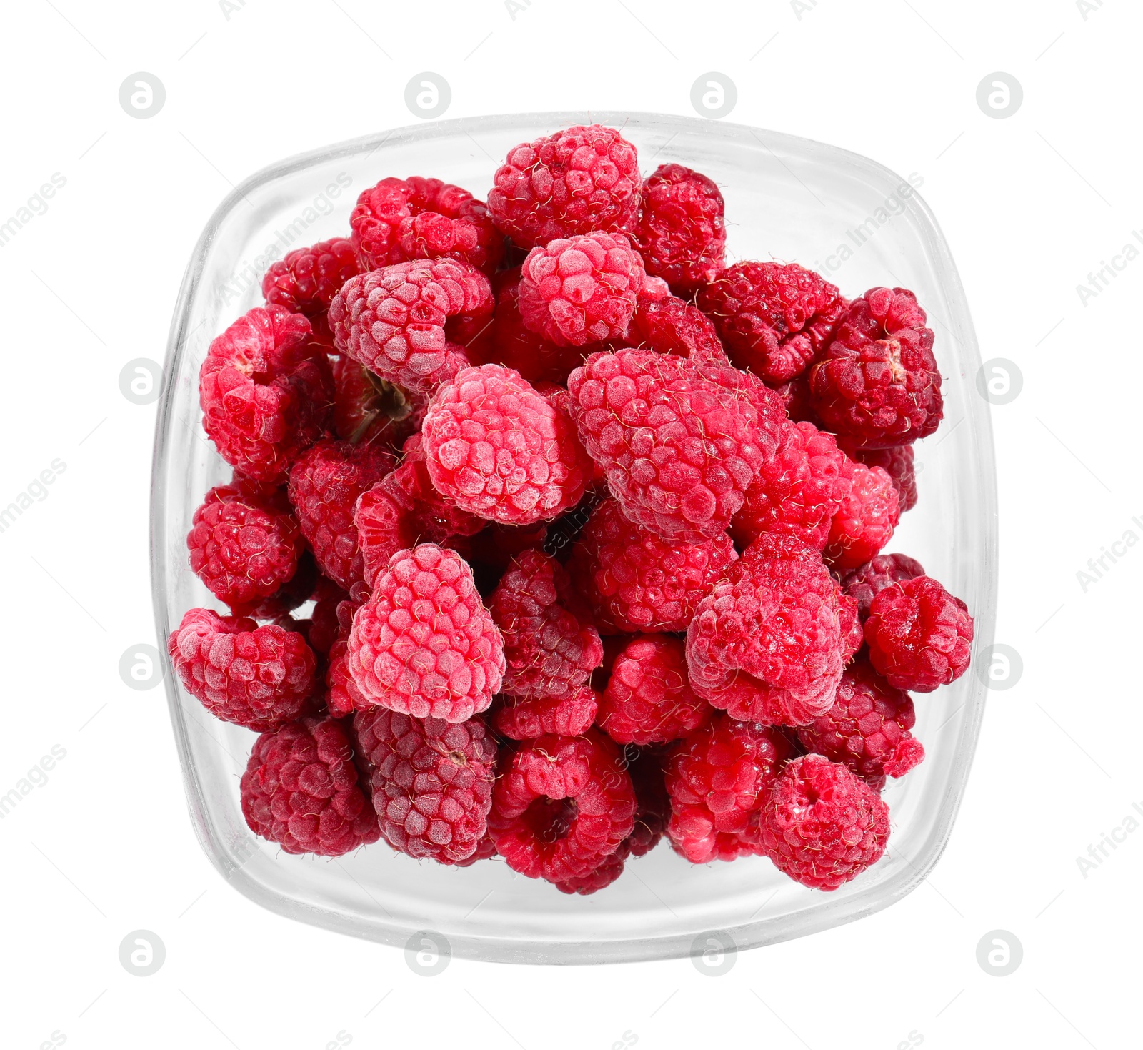 Photo of Ripe frozen raspberries in bowl isolated on white, top view