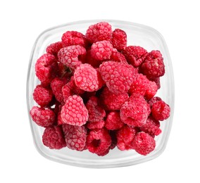 Photo of Ripe frozen raspberries in bowl isolated on white, top view