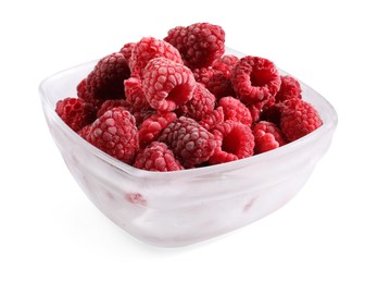 Photo of Ripe frozen raspberries in bowl isolated on white