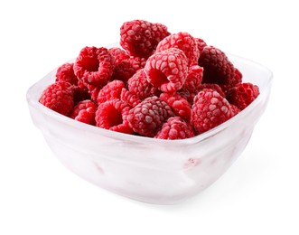 Photo of Ripe frozen raspberries in bowl isolated on white