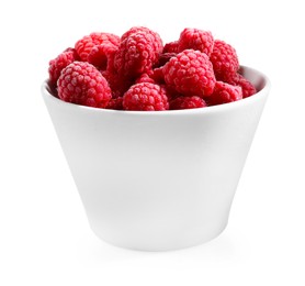 Photo of Ripe frozen raspberries in bowl isolated on white