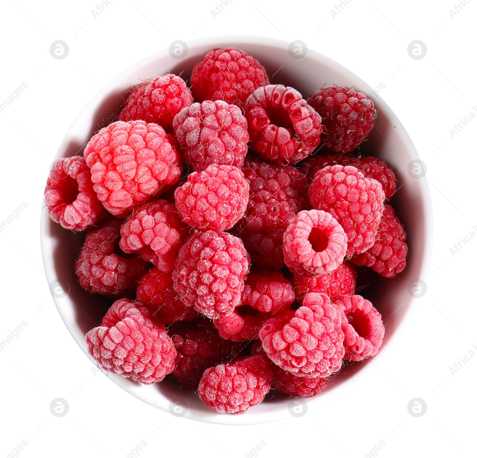 Photo of Ripe frozen raspberries in bowl isolated on white, top view
