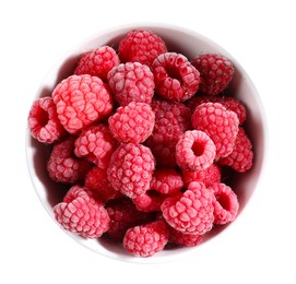 Photo of Ripe frozen raspberries in bowl isolated on white, top view
