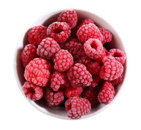 Photo of Ripe frozen raspberries in bowl isolated on white, top view