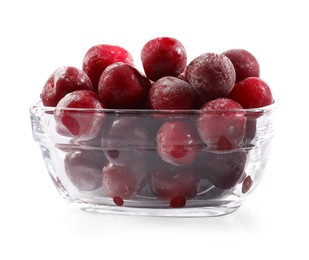 Photo of Ripe frozen cherries in bowl isolated on white