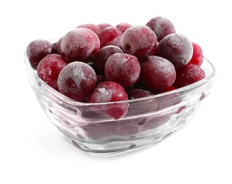 Photo of Ripe frozen cherries in bowl isolated on white