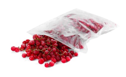 Photo of Ripe frozen red currants in open zipper bag isolated on white