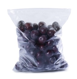 Photo of Ripe frozen cherries in plastic bag isolated on white