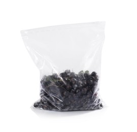 Photo of Ripe frozen cherries in plastic bag isolated on white