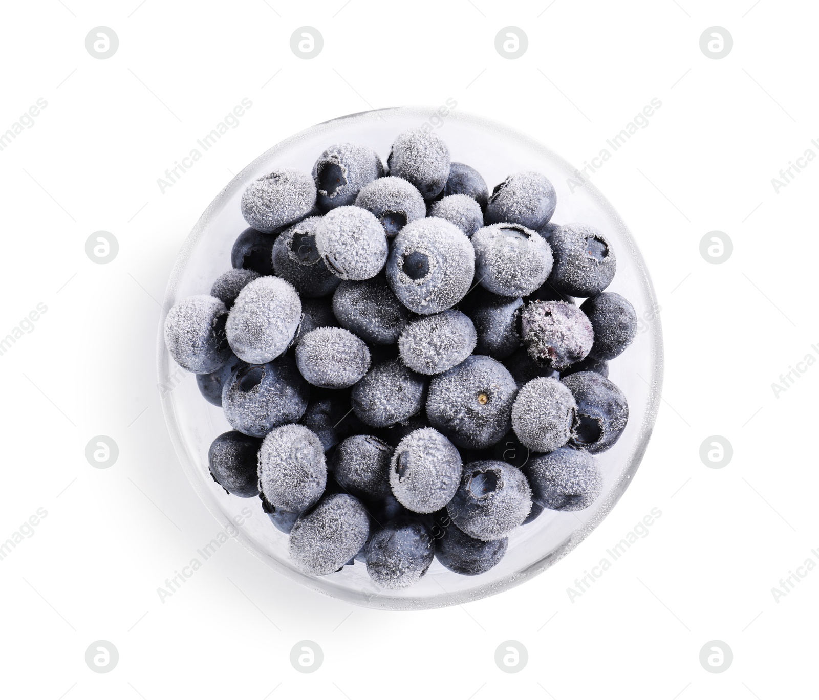 Photo of Ripe frozen blueberries in bowl isolated on white, top view