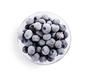 Photo of Ripe frozen blueberries in bowl isolated on white, top view