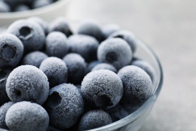 Photo of Ripe frozen blueberries in bowl on blurred light grey background, closeup