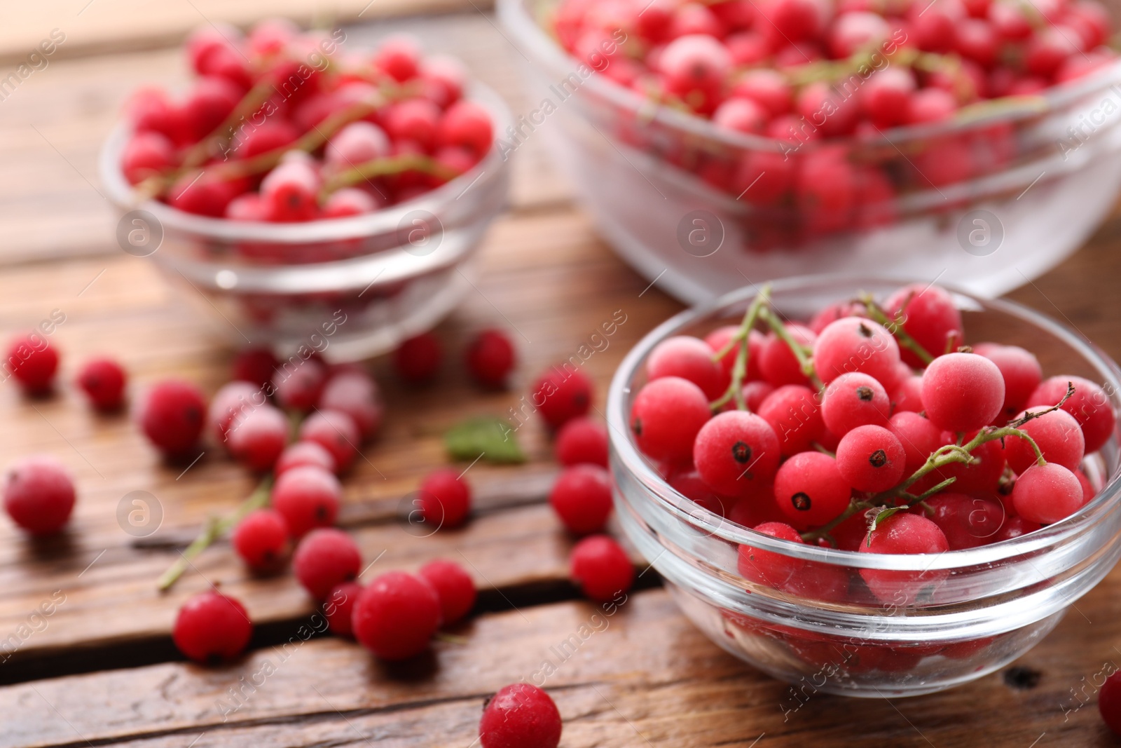 Photo of Ripe frozen red currants on wooden table, closeup