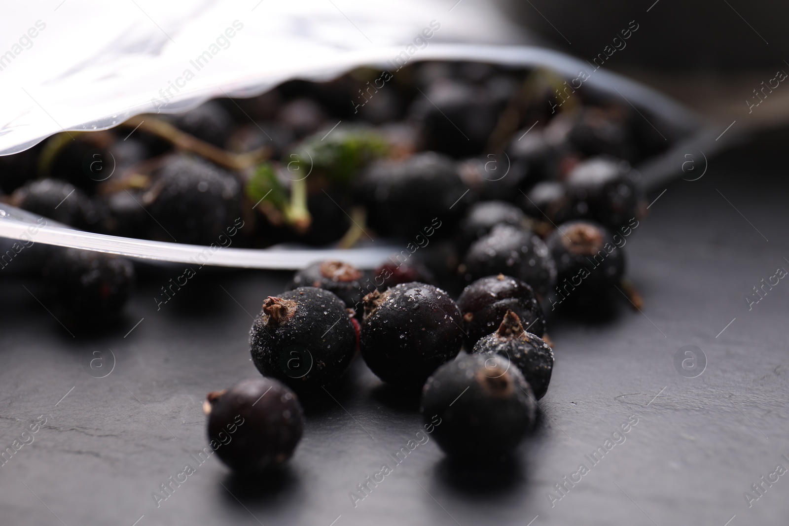 Photo of Ripe frozen black currants and open plastic bag on grey textured table, closeup