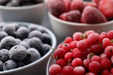Photo of Different ripe frozen berries in bowls on table, closeup