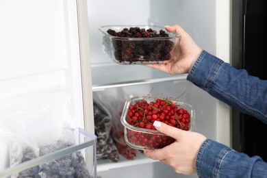 Photo of Freezing berries. Woman putting containers with berries into open fridge, closeup