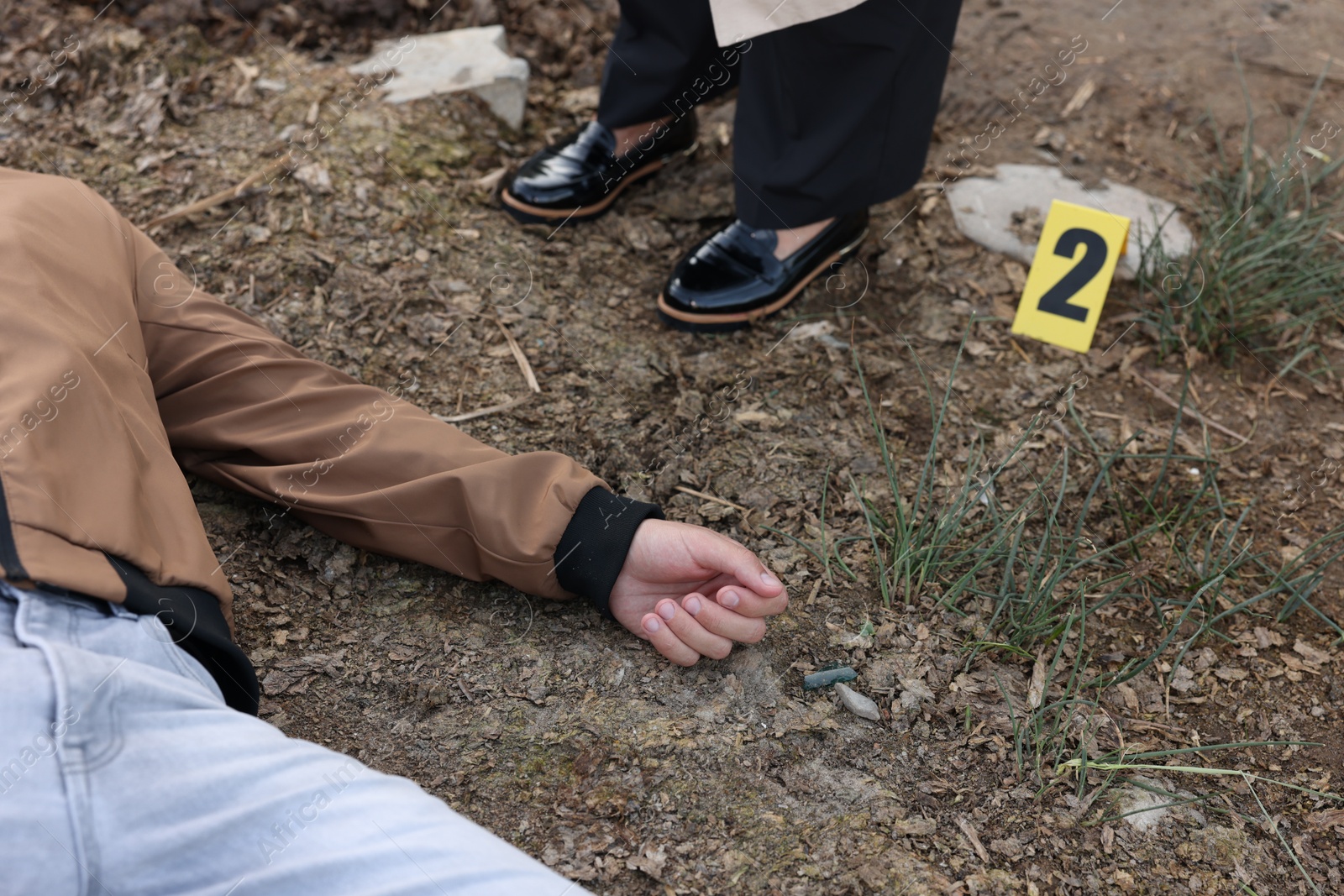Photo of Forensic expertise. Detective near dead man's body at crime scene outdoors, closeup