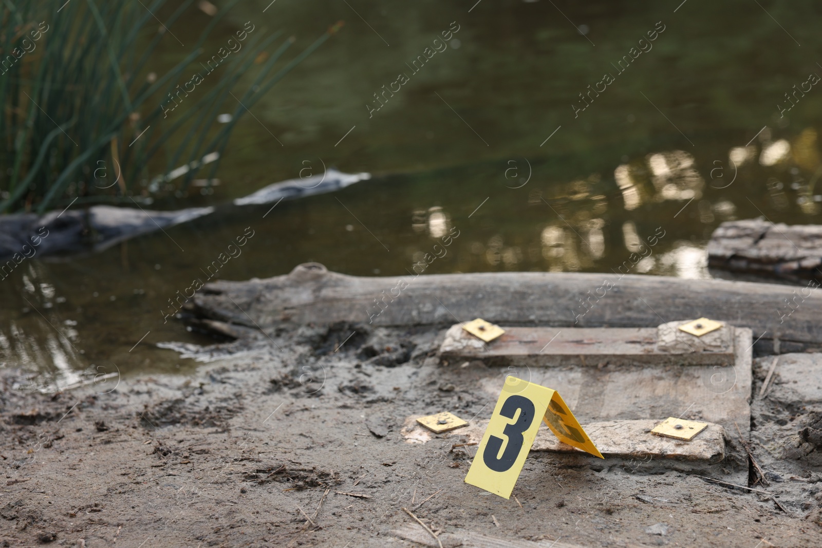 Forensic expertise. Crime scene with evidence and marker near lake outdoors Photo of Forensic expertise. Crime scene with evidence and marker near lake outdoors