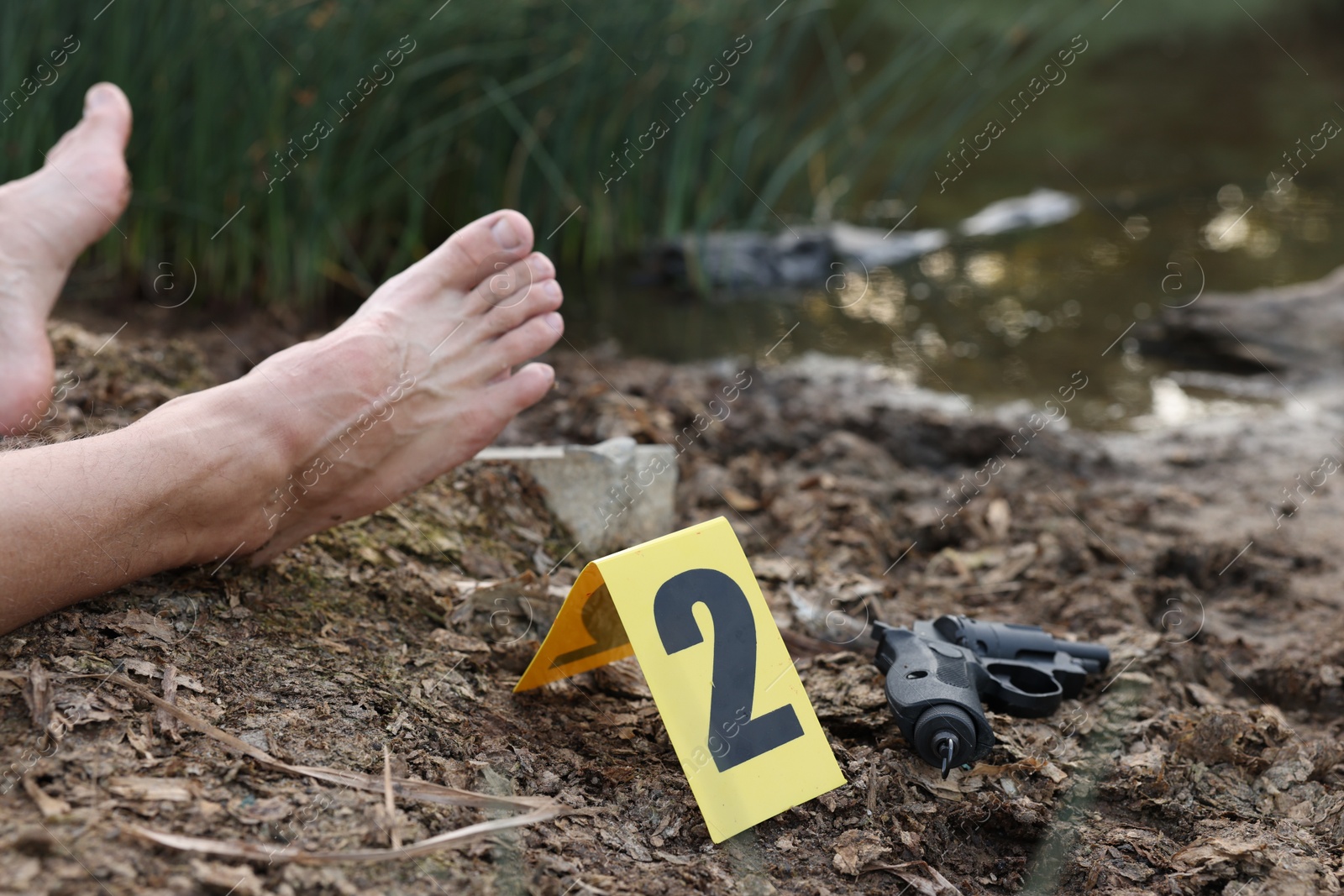 Photo of Forensic expertise. Crime scene with dead man's body, gun and marker outdoors, closeup