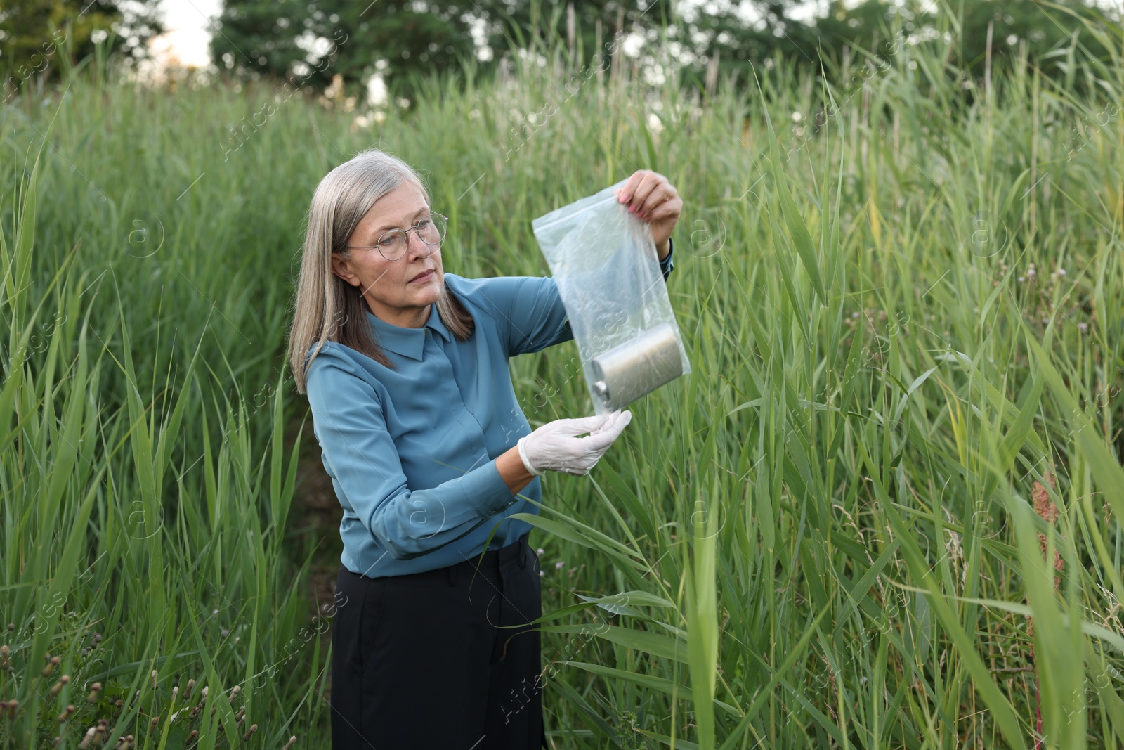 Photo of Forensic expertise. Detective with evidence working outdoors
