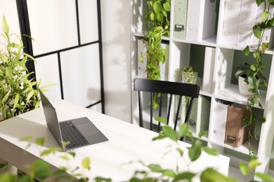 Photo of Biophilic interior design. Stylish workplace with laptop and houseplants in office