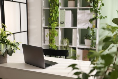 Photo of Biophilic interior design. Stylish workplace with laptop and houseplants in office