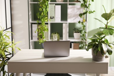 Photo of Biophilic interior design. Stylish workplace with laptop and houseplants in office