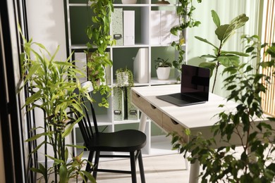 Photo of Biophilic interior design. Stylish workplace with laptop and houseplants in office