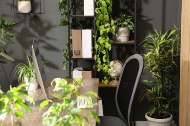 Photo of Biophilic interior design. Stylish workplace with computer and houseplants in office
