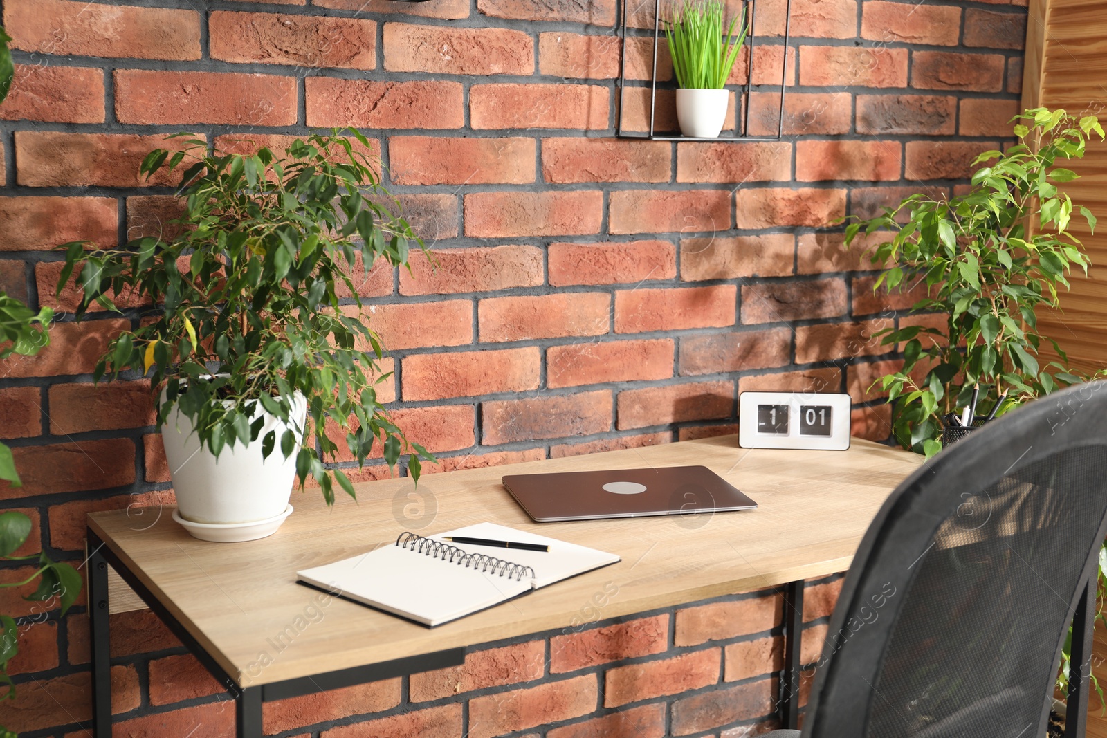 Stylish workplace with laptop, stationery and floral decor in office. Biophilic interior design Photo of Stylish workplace with laptop, stationery and floral decor in office. Biophilic interior design