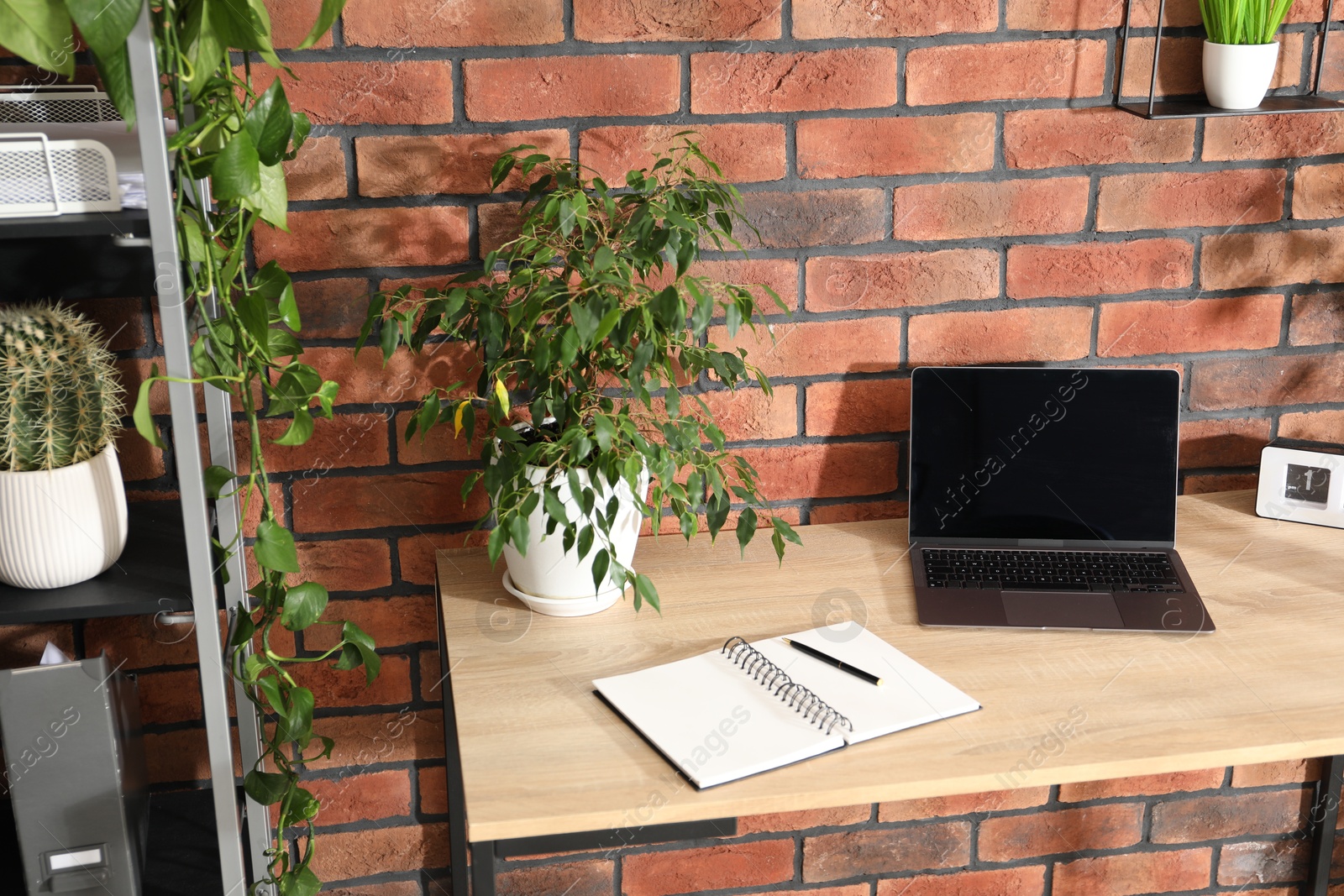 Stylish workplace with laptop, stationery and floral decor in office. Biophilic interior design Photo of Stylish workplace with laptop, stationery and floral decor in office. Biophilic interior design
