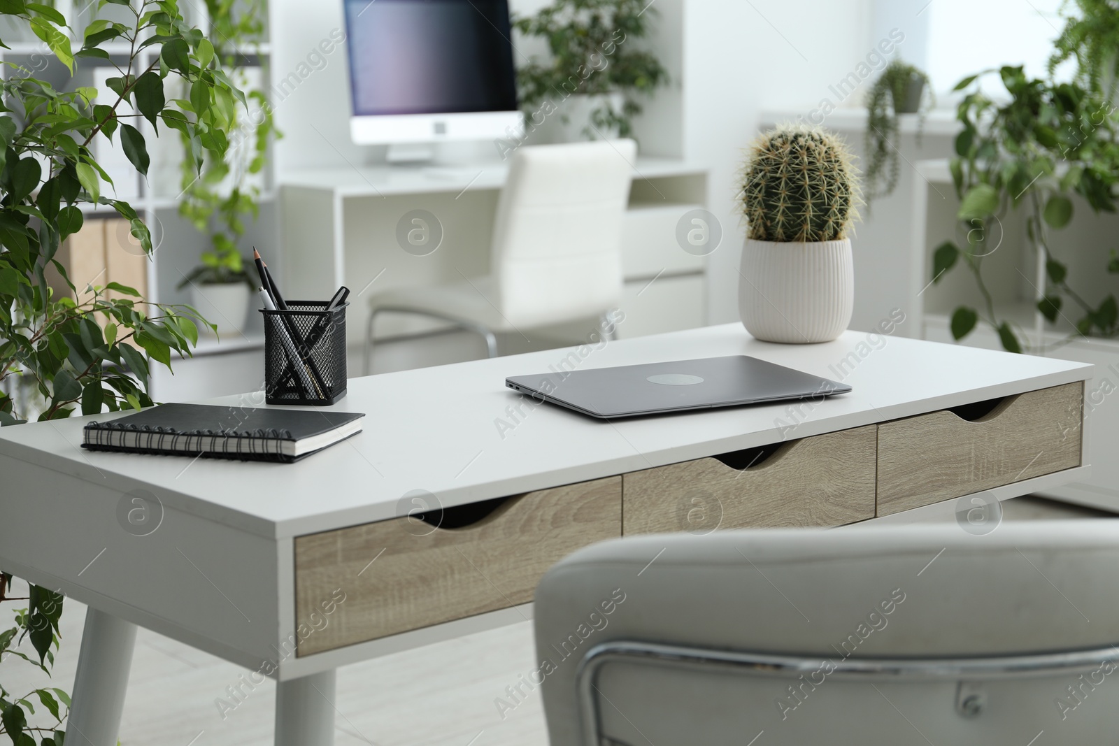 Photo of Stylish workplace with laptop, stationery and floral decor in office. Biophilic interior design